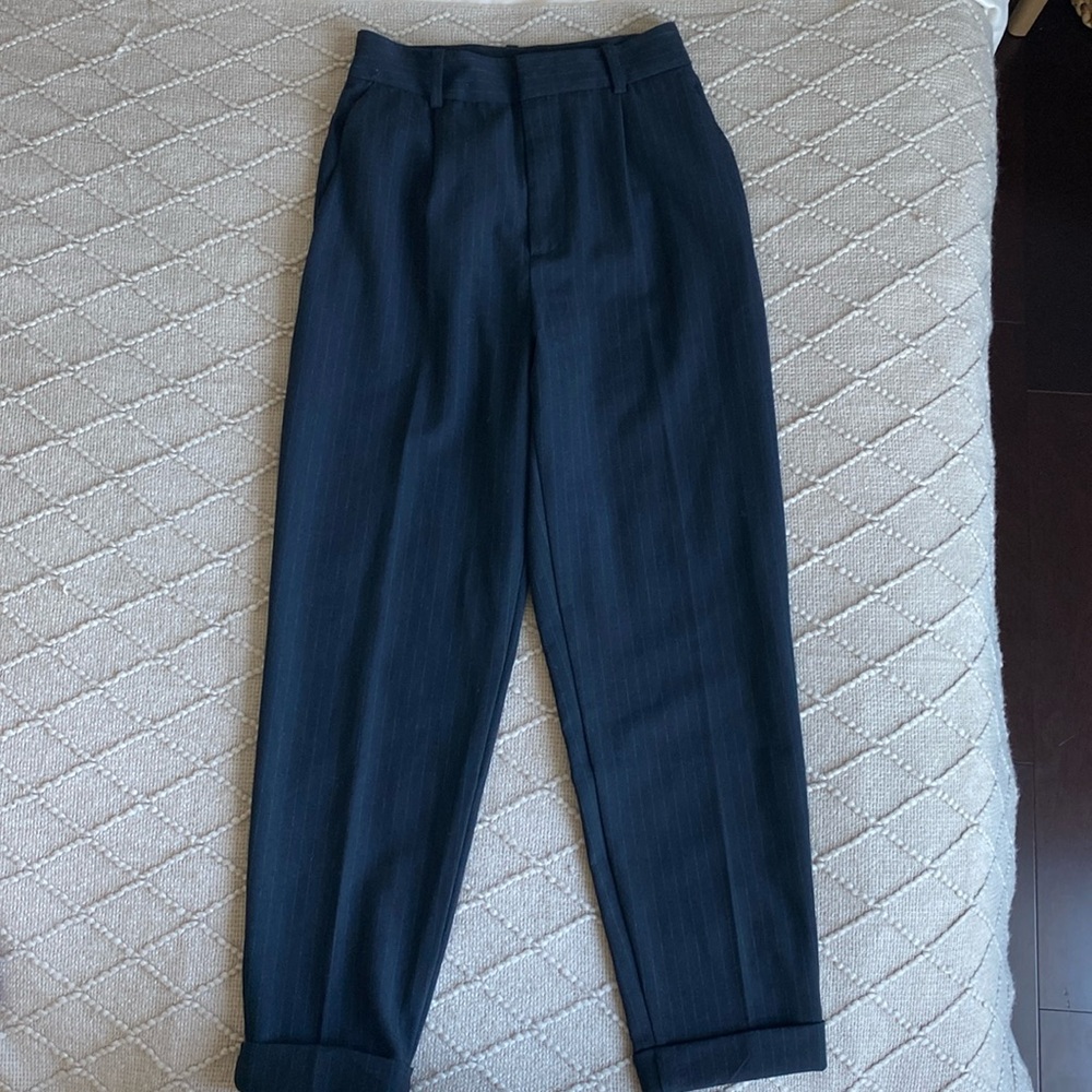 Zara Navy pinstripes straight leg cuffed ankle trouser pants XS